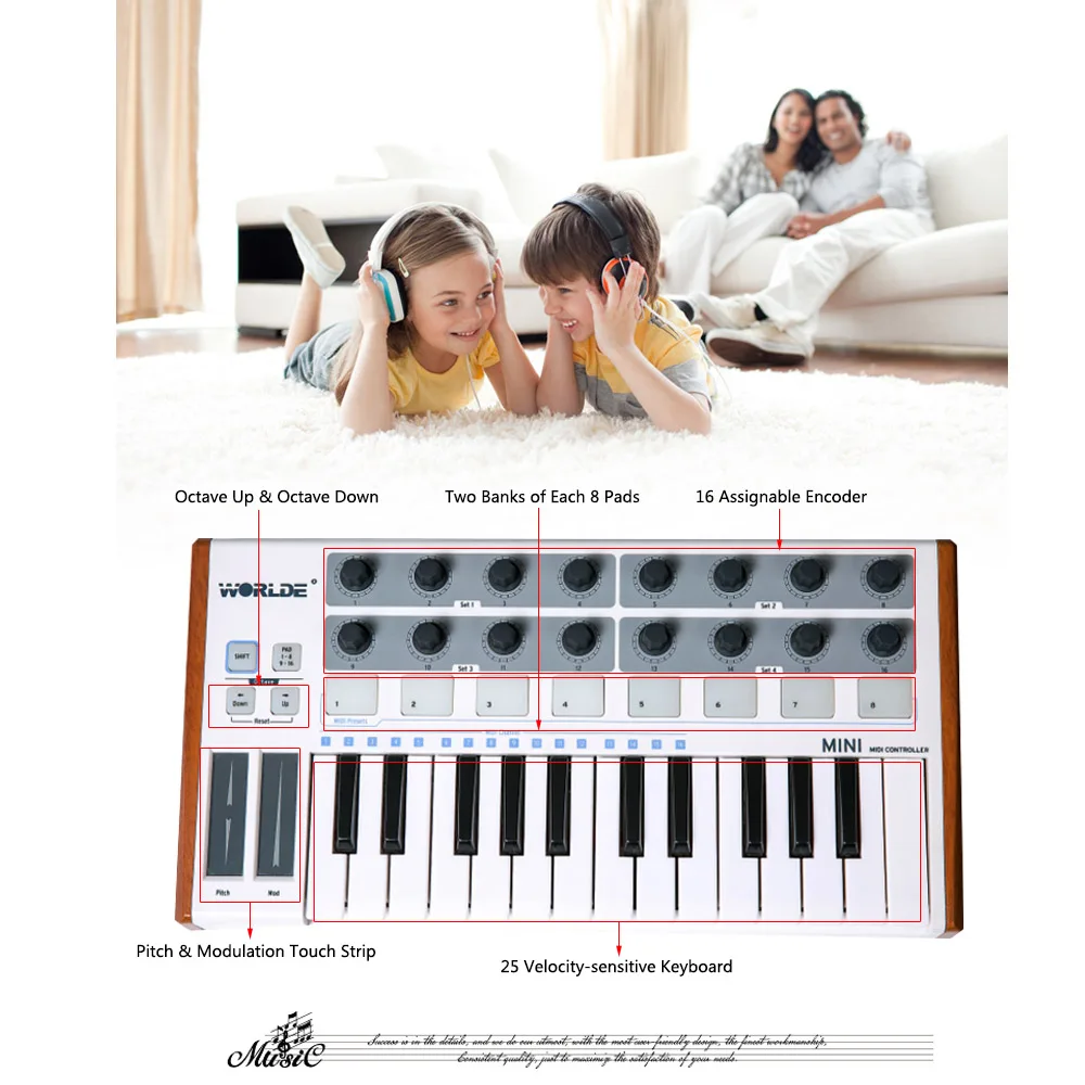 Worlde Ultra-Portable Mini Professional 25-Key USB MIDI Drum Pad and midi controller midi keyboard piano keyboard синтезатор