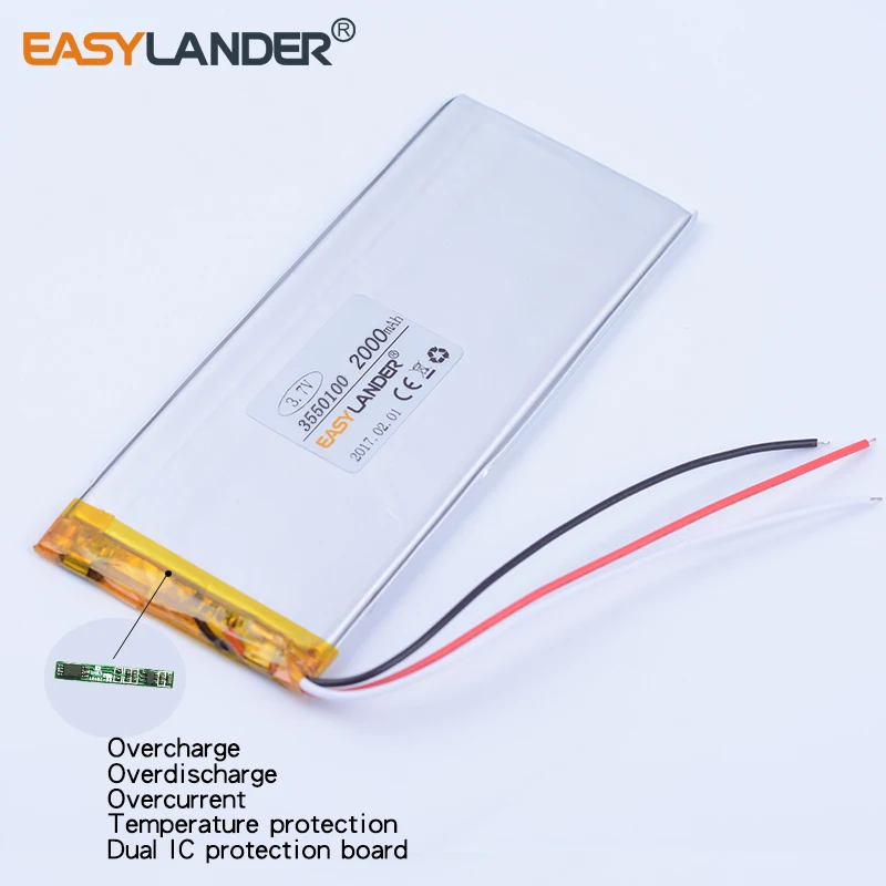 3-wire 3550100  354999  3.7V 2000mAh Li-polymer lithium battery  for china clone Goophone 5.5 iphone 6S 6plus GPS DVR toys