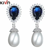 kivn fashion jewelry luxury dangle blue cz cubic zirconia women girls wedding bridal simulated pearl earrings birthday gifts