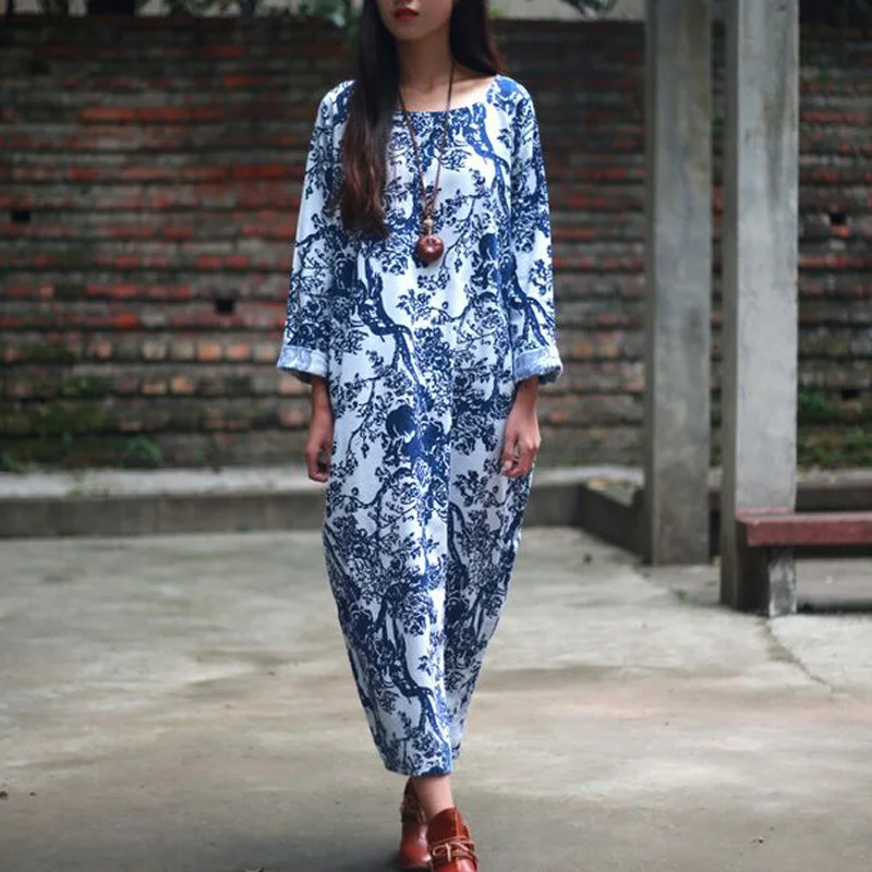 Женское летнее платье макси свободное винтажное трапециевидной формы с длинными