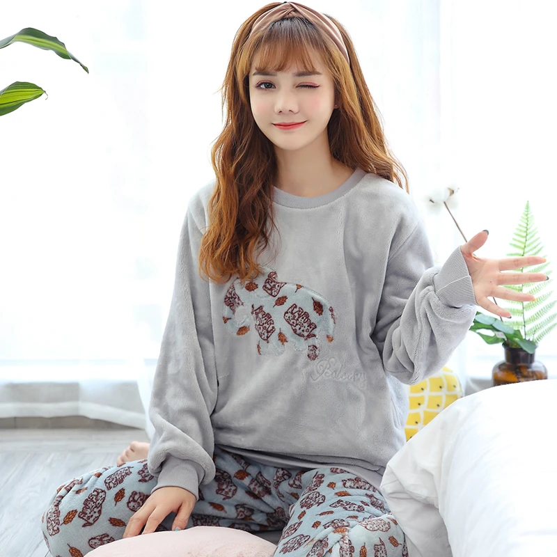 Autumn Winter Women Flannel Long Sleeve Pyjamas Sets Thick Warm Coral Velvet Pajamas Suit Female Cartoon Gray Elephant Sleepwear | Женская