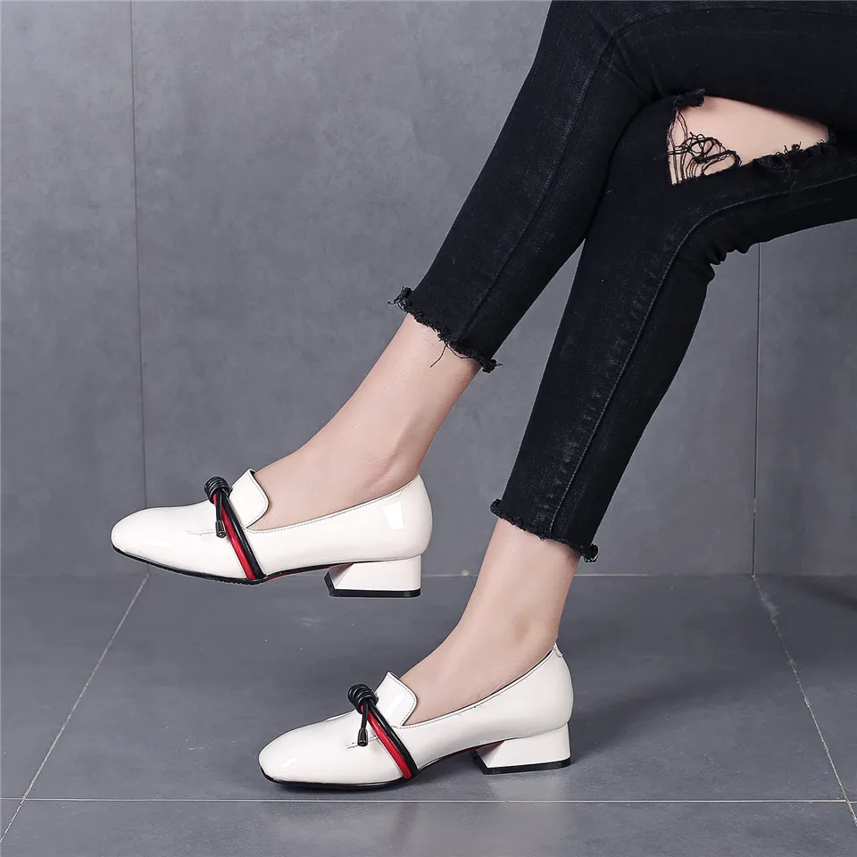 British Women Loafers Red Patent Leather Square Toe Rope Bowtie Flats Slip-on Low Block Heel Mocassins Ladies Smoking Shoes
