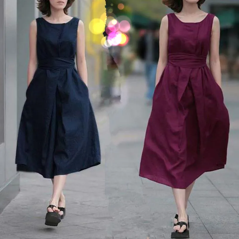 Брендовое льняное хлопковое летнее платье 2020 винтажное длинное без рукавов с