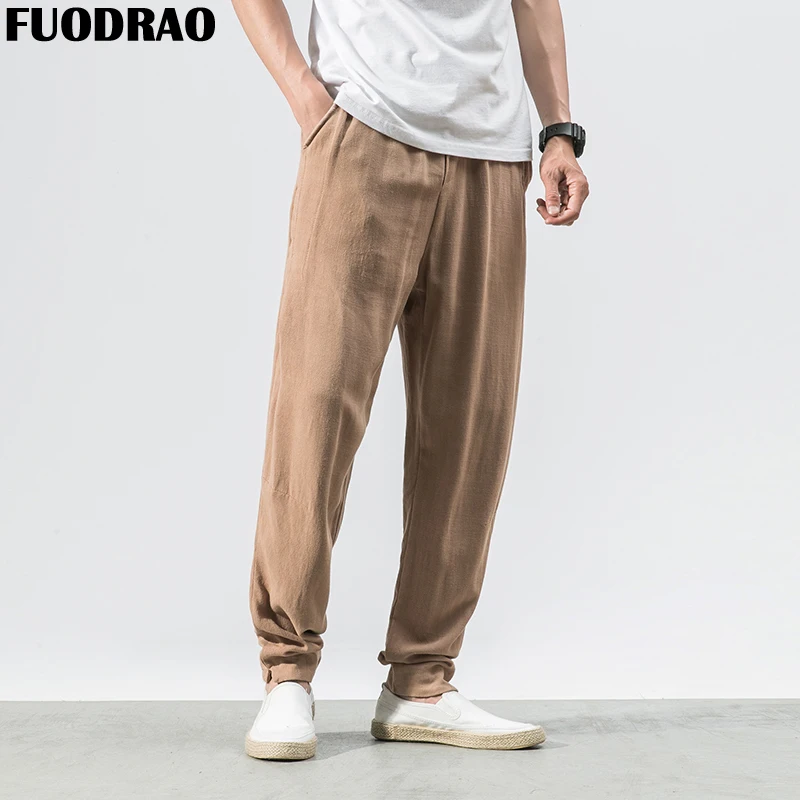 Мужские повседневные штаны FUODRAO хлопковые и льняные шаровары мужские спортивные