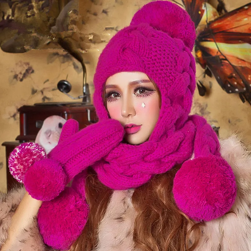 Розово красная шапка BomHCS шарф и перчатки ручной работы зимняя теплая плотная