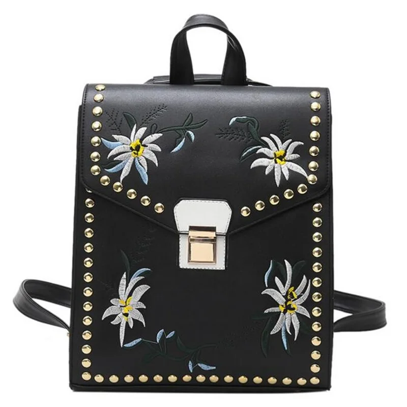 2017 Вышивка бренд рюкзак Для женщин кожа заклепки цветок ранцы для подростков