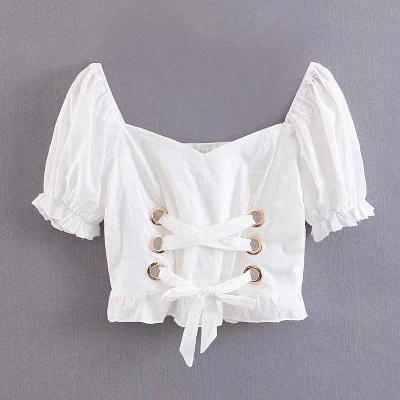 Винтажная блузка на шнуровке с вышивкой летняя сексуальная уличная одежда кроп