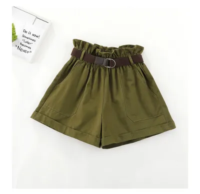 army green Новинка лета, женские свободные широкие шорты в Корейском стиле с эластичной резинкой на высокой талии из хлопка с цветочным принтом и поясом PT291 - Цвет: army green