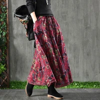 free shipping 2020 new double layer long maxi a line skirts for women elastic waist autumn and spring cotton linen print skirts