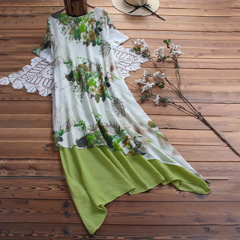 Женское винтажное платье с цветочным принтом повседневное льняное о вырезом и