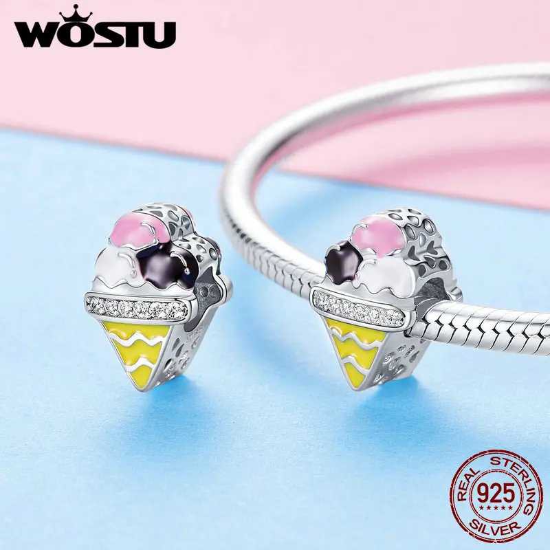 WOSTU Real 100% 925 Sterling Silver Beads Ice Cream Colorful Charms Fit Original Bracelet Pendant Women Jewelry Making FIC1129 | Украшения