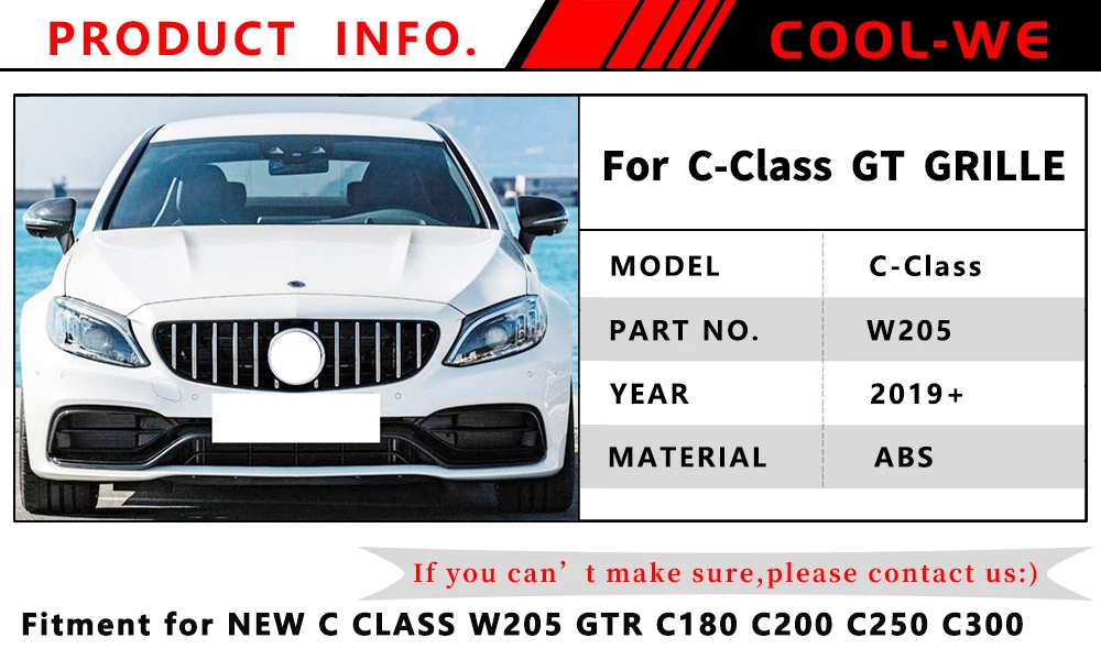 C Класс W205 Решетка переднего бампера GTR гоночная решетка для Mercedes Benz C180 C200 C250 C300