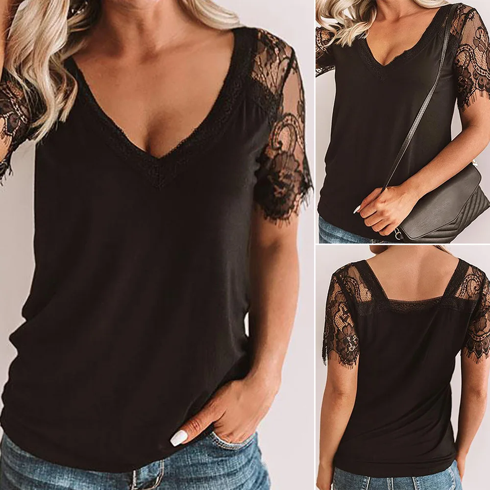 Женская рубашка черные летние топы с v-образным вырезом и коротким рукавом
