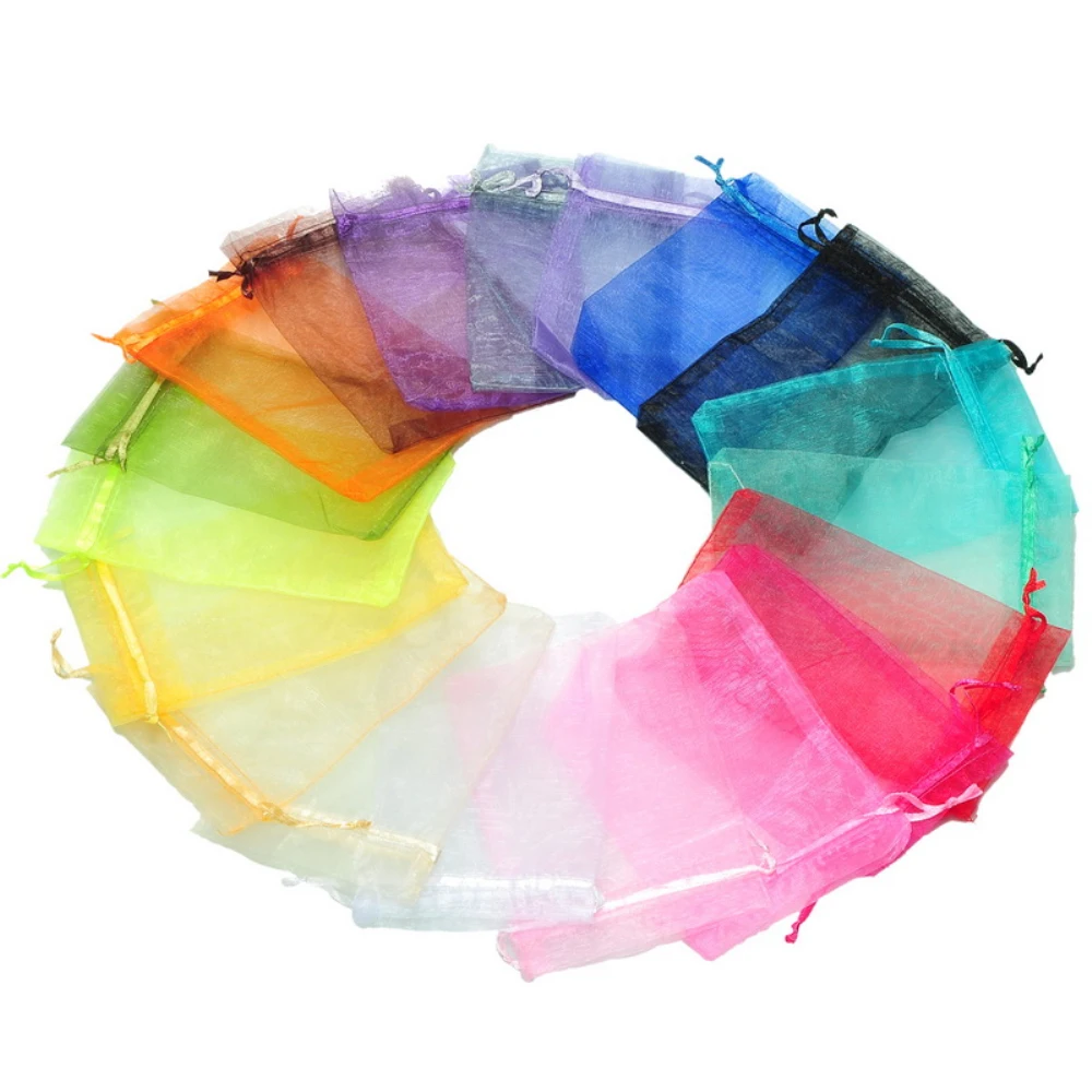 100 шт 10*15 см Красочные органзы Drawstring мешки для конфет свадебный подарочный пакет