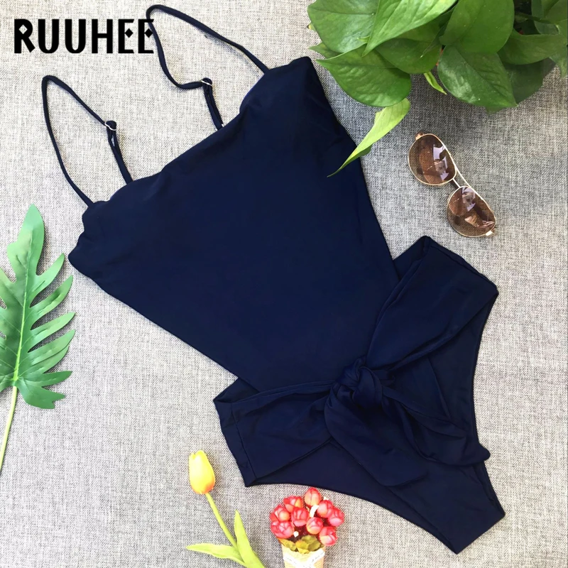 RUUHEE, сексуальный сдельный купальник, купальник для женщин, Одноцветный, купальник, передний узел, купальник, женский, пуш-ап, летний, мягкий, пляжная одежда