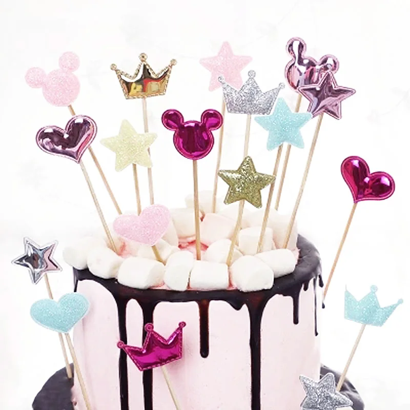 

5PCS/Set Cake Insert Cards Heart Wedding Cake Flag DIY Crown Cake Decorations Shimmer Birthday Party Festival Supplies Star