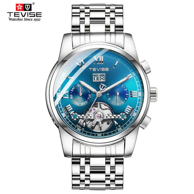 TEVISE мужские часы с автоподзаводом класса люкс из нержавеющей стали Tourbillon фазы Луны механические наручные часы мужской подарки Relogio Masculino - Цвет: silver blue
