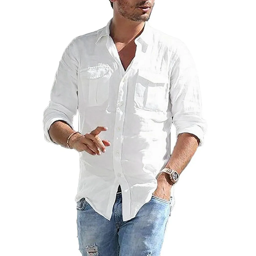 Men Shirt Fashion Linen Shirt Men Casual Slim Linen Solid Long Sleeve Shirt Hawaiian Beach Shirt European Size Camisa Masculina