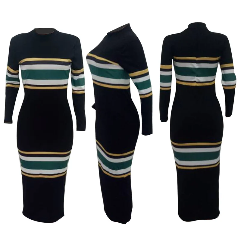 Женское трикотажное платье свитер в полоску с высоким воротником|Женские платья|