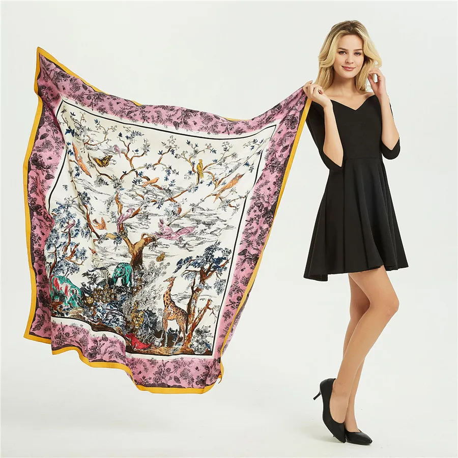 Summer Silk Twill Pashmina New Animal Forest Square Echarpe 130cm Oversize Chic Shawl Elegant Scarves Female Kerchief Print Wrap |