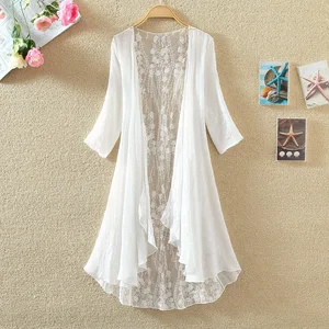 Кардиган женский с вышивкой, тонкий Свободный Повседневный Кардиган из хлопка и льна, длинное пальто, жакет, A1441, лето размера плюс