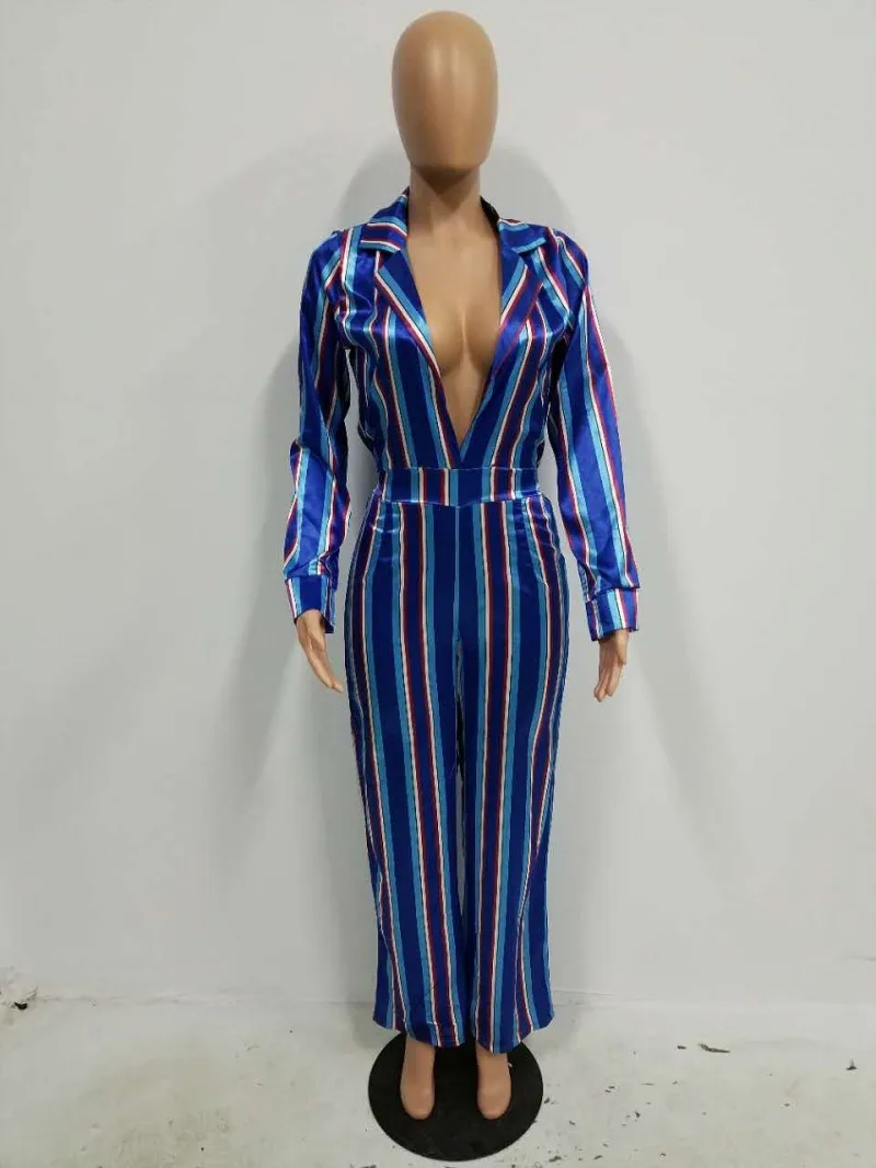 

YSMARKET Fashion Casual Stripe Jumpsuits Women Long Sleeve Lapel Deep V Female Shirt Jumpsuits Loose Wide Leg Jumpsuits ES3236
