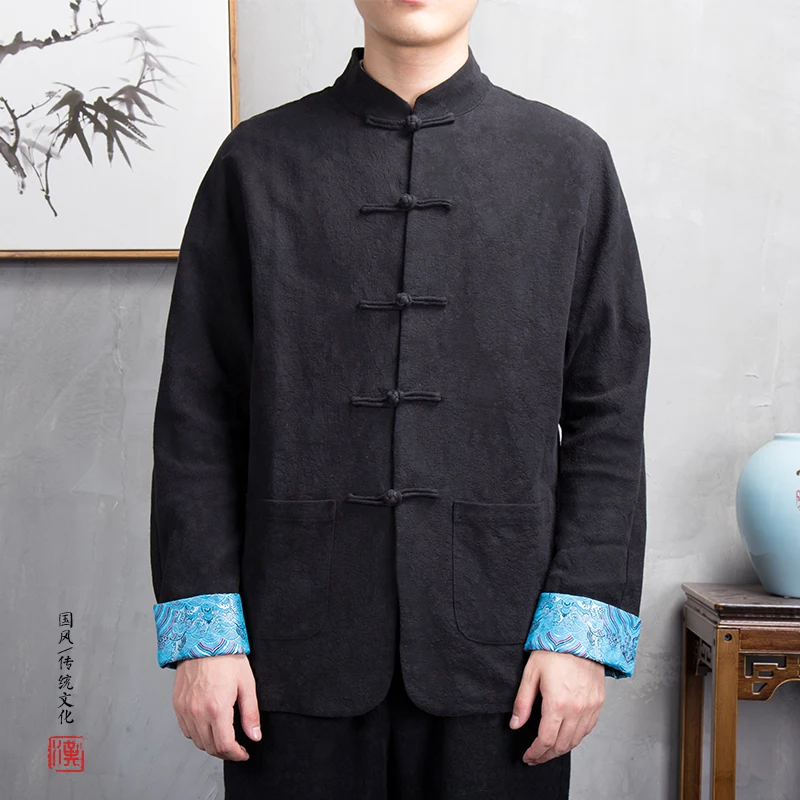 MR-DONOO Chinese style men's cotton and linen jacket middle-aged retro long-sleeved buckle top Hanfu W21 | Мужская одежда