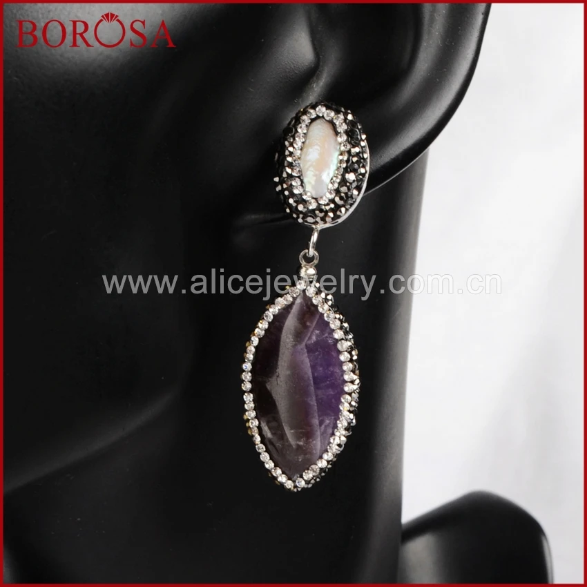 Borosa ручной работы Drusy висячие серьги натуральный жемчуг & amethyформа аметисты