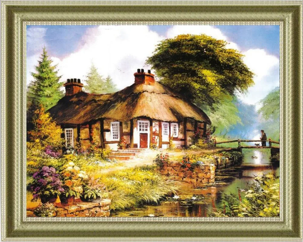 Diy diamond embroidery Riverside house painting Bridge 5d square mosaic icons full Landscape Series | Дом и сад
