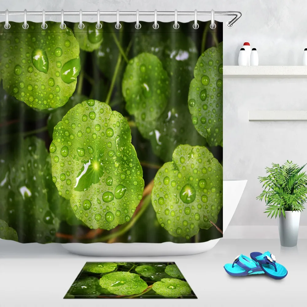 LB 3D Зеленые капли воды листья душевая занавеска с ковриком набор для ванной