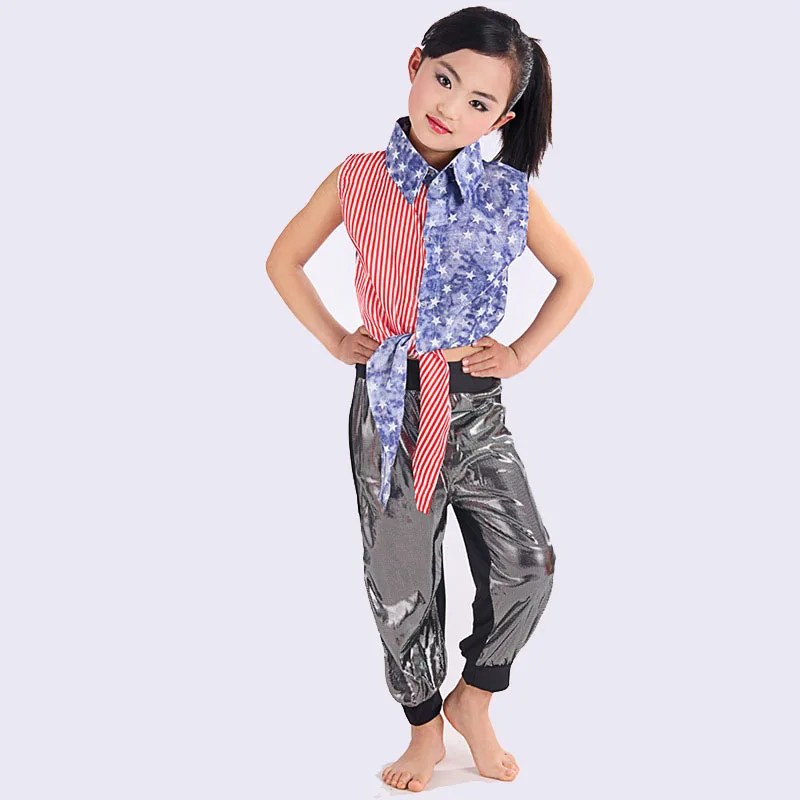 2 шт./набор Мальчик Девочка Одежда для хип-хопа на сцену для детей Пайетки Современный Джаз Топ и Широкие брюки Комплект одежды