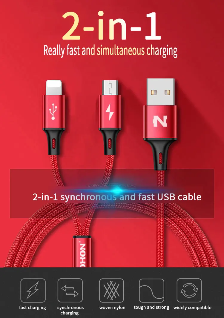 NOHON Micro 8-контактный usb-кабель типа C для iPhone 7, 6, 6S Plus, 5, 5S, iOS, 10, 9, 8, samsung, Android Phone, 2 в 1, usb-кабели для синхронизации данных