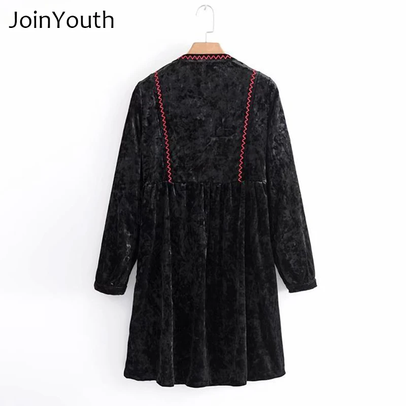 JoinYouth черное народное платье с длинными рукавами и вышивкой|Женские платья| |