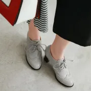Ladies high heel Boots Lace-up cut out breathable Low Top Shoes Round toe Pumps Retro Mujer Zapatos Brown Green Black Grey 43 41 - Цвет: grey 6.5cm heel