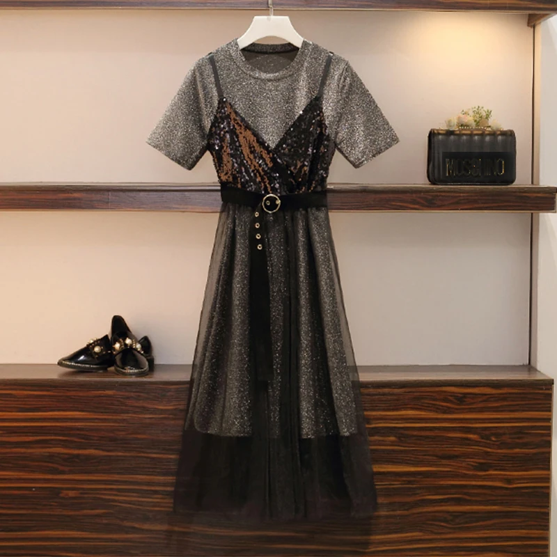 2019 летняя модная женская длинная футболка платье + расшитая блестками сетчатая