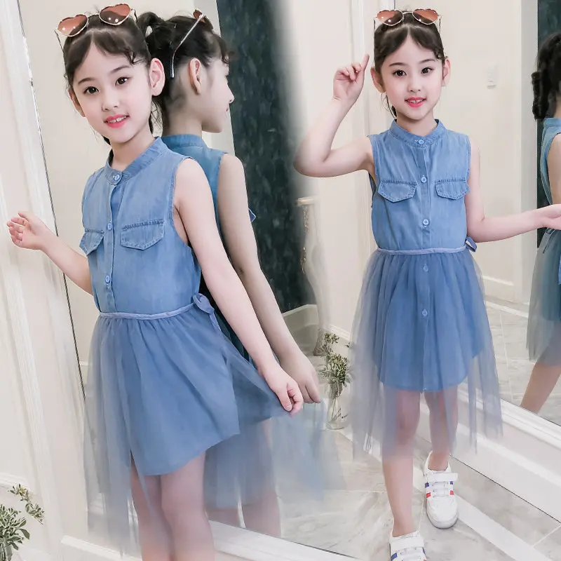 Big Girl Denim Jeans Prom Blouse Dresses For Cocktail Mesh Party Princess Tulle Dress Age 5 6 7 8 9 11 13 14 Years Old | Детская одежда