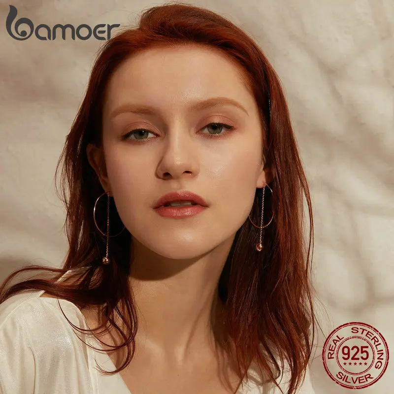 BAMOER, популярные,, 925 пробы, серебряные, большие, круглые, длинная цепочка, висячие серьги для женщин, рок стиль, серьги, ювелирное изделие, SCE569