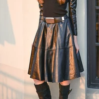 2020 fashion womens medium long a line skirt with belt genuine real natural sheepskin leather knee length black plus size xxxl