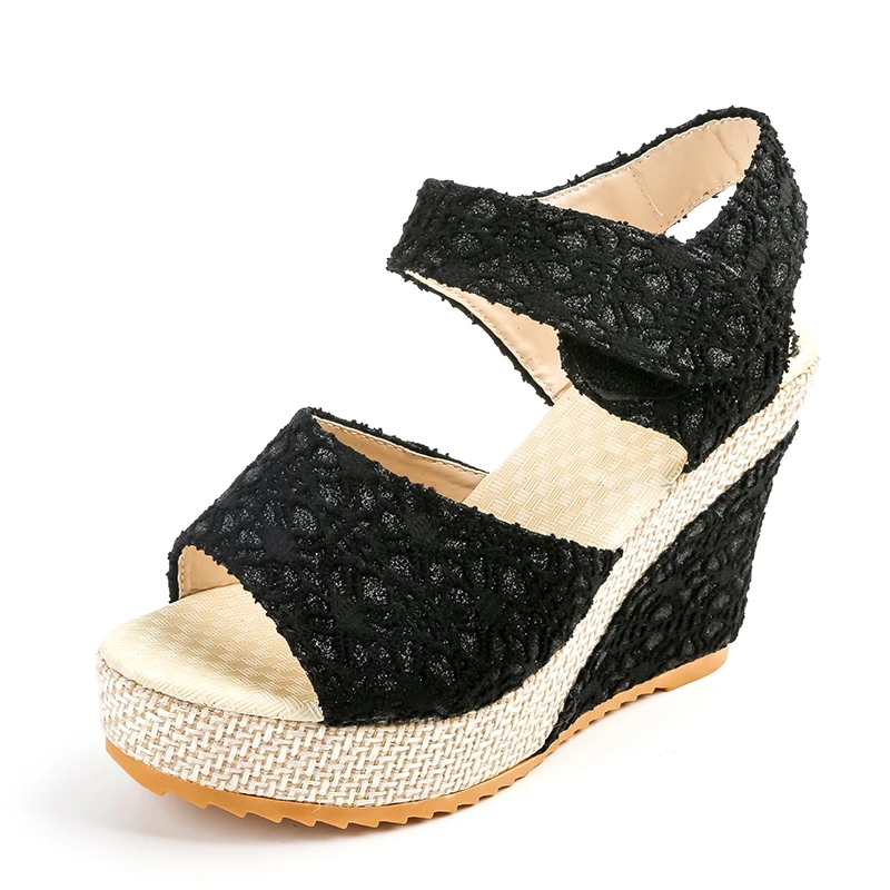 Bomlight/Женская обувь на танкетке с кружевом босоножки высоком каблуке Летняя