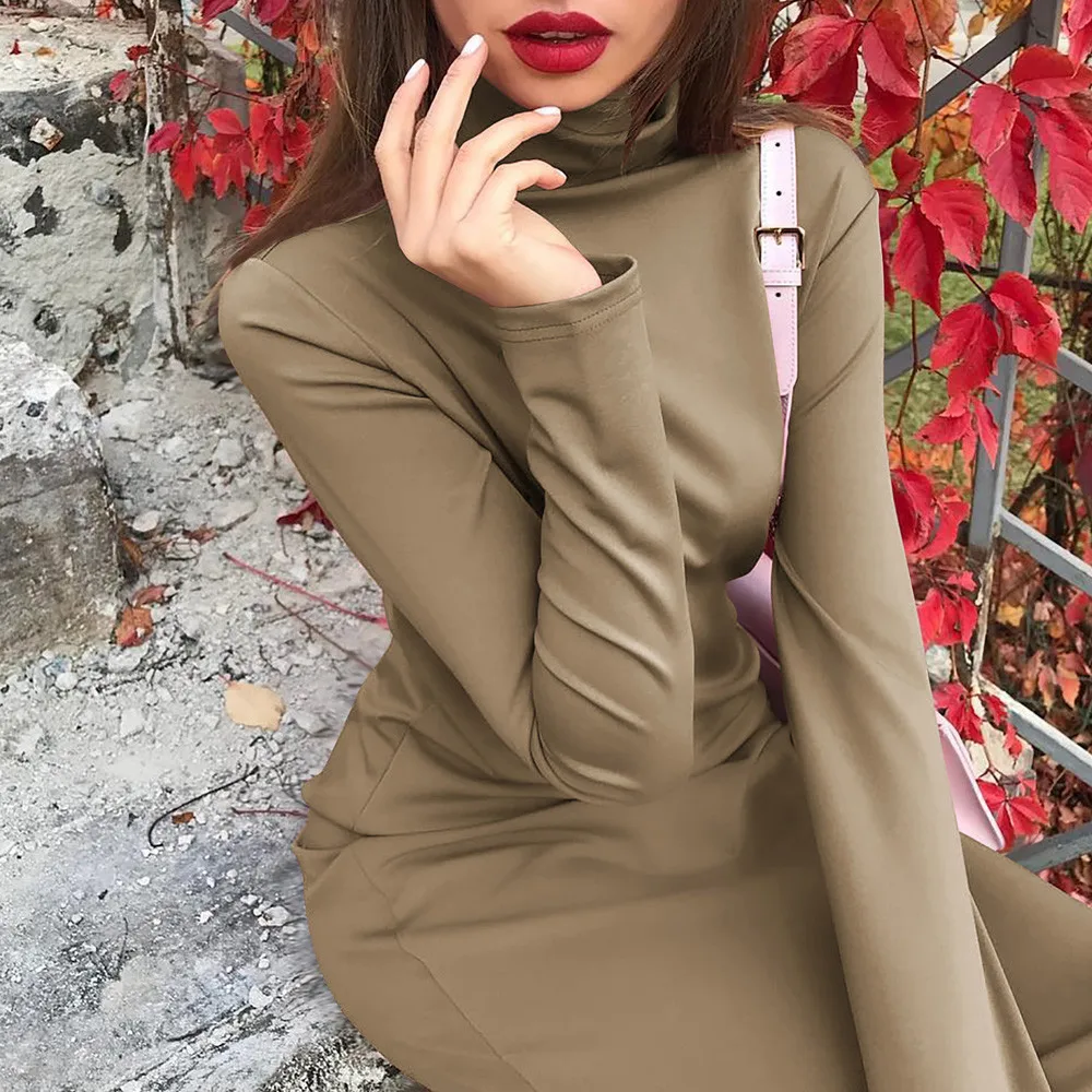 Зимние женские платья большого размера с длинным рукавом и высоким воротником