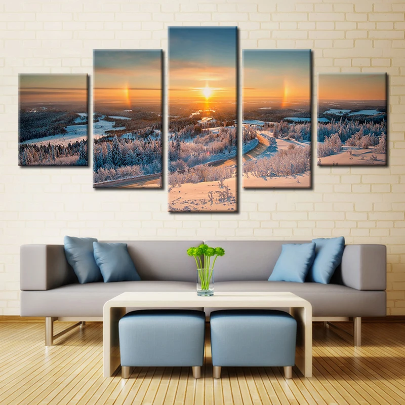 Горячая Распродажа 5 панелей зимняя горная фотокартина холст пейзаж HD печать