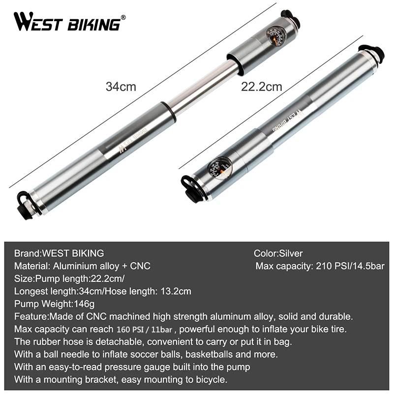 WEST BIKING алюминиевый сплав мини велосипедный насос с манометром Schrader Presta насос для велосипедных шин велосипедный воздушный насос