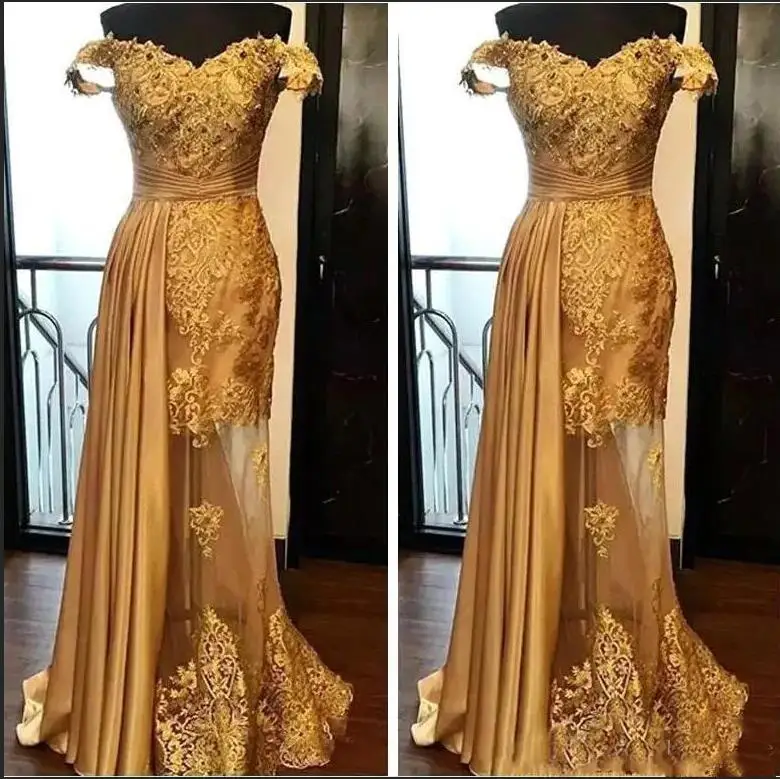 as pic Золотые вечерние платья Длинные с плеча тюль с аппликацией Ruched Длина бисера Арабский для официального торжества выпускного вечера платья - Цвет: as pic