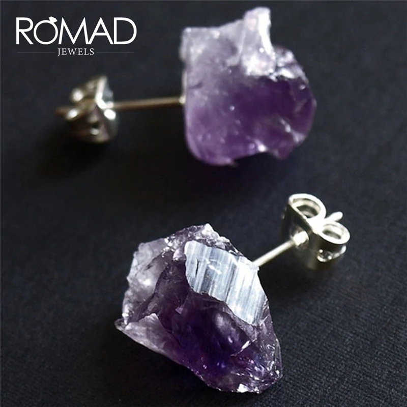 Серьги-гвоздики с искусственным фиолетовым кристаллом ROMAD, серьги с натуральным кварцевым камнем для женщин, модные аметисты, трендовые ювелирные изделия R4