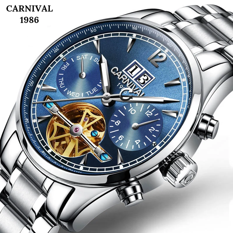 CARNIVAL Waterproof 30M Skeleton Mens Watches Top Brand Luxury Automatic Mechanical Watch Tourbillon Self Winding Militar