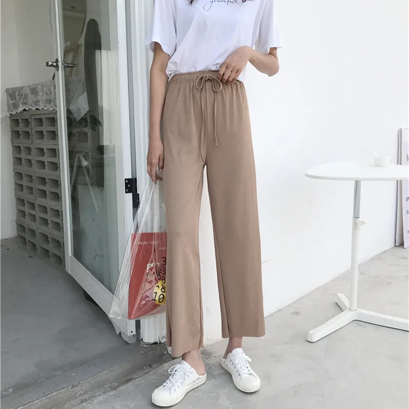 Pure Color Casual Lace Up Women Wide Leg Pants Loose High Waist Palazzo Black Ankle-Length Summer Trousers | Женская одежда