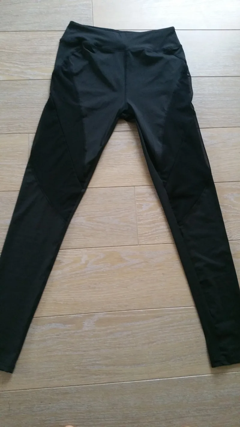 Женские леггинсы для фитнеса INITIALDREAM черные эластичные облегающие с сетчатым