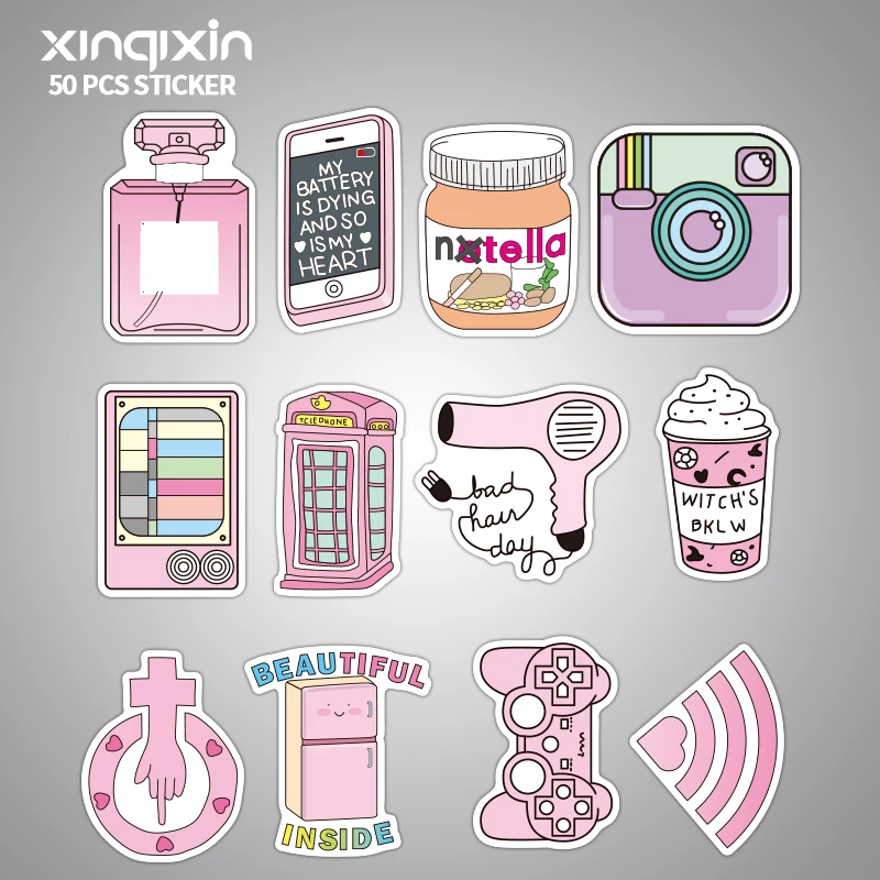 50pcs/pack Mini PVC Waterproof Pink Girls Fun Sticker toys for children For Moto Car& Suitcase Cool Fashion Laptop stickers