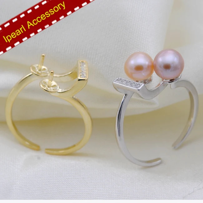 

S925 Sterling Silver Double Pearl Rings Settings Women DIY Pearl Jewelry Findings&Components Silver&Gold Color 3Pcs/Lot