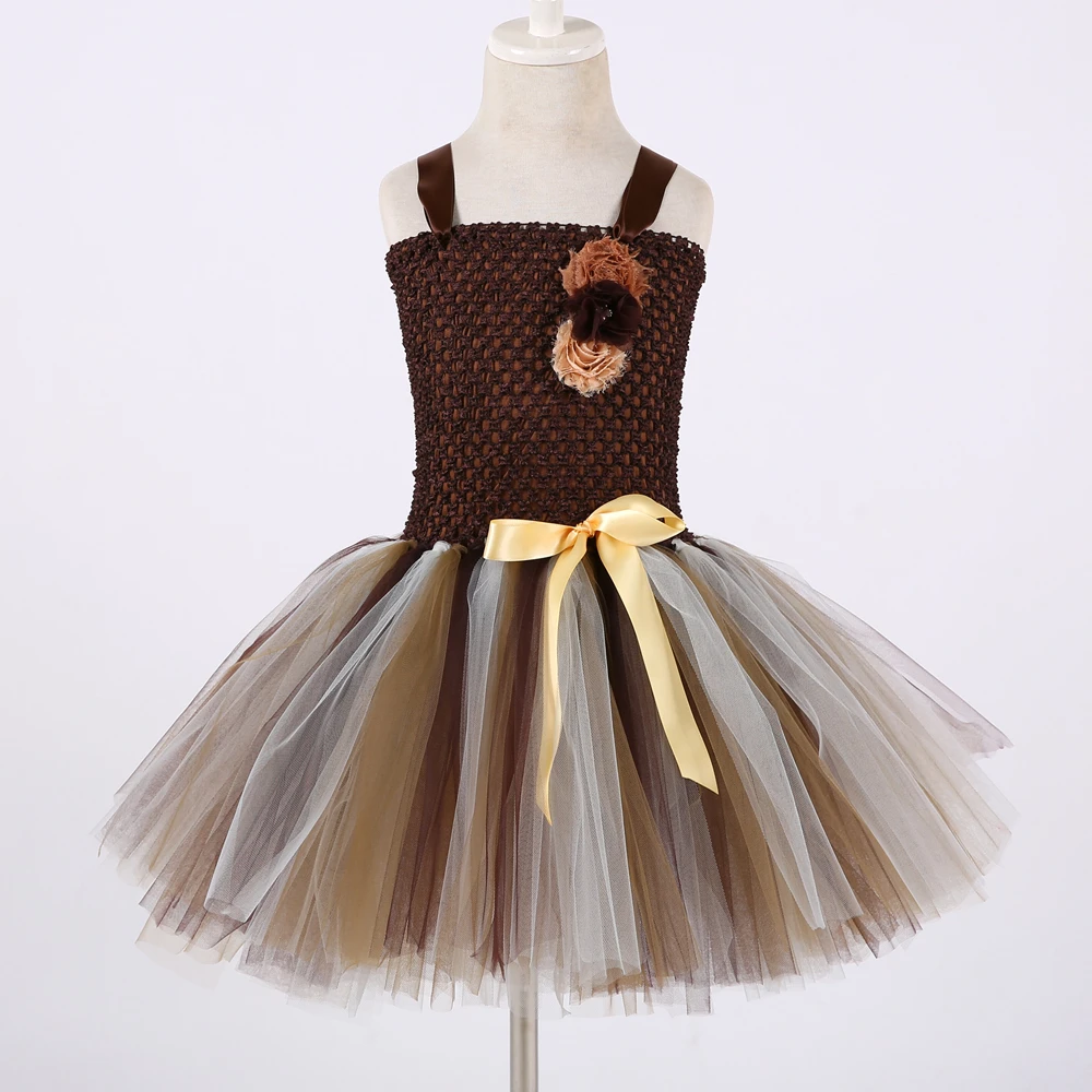 Brown Flower Girls Tutu Dress Children Cosplay Animal Lion Costume Up Fancy Girl Kids Halloween Birthday Party 1-14Y | Детская одежда и